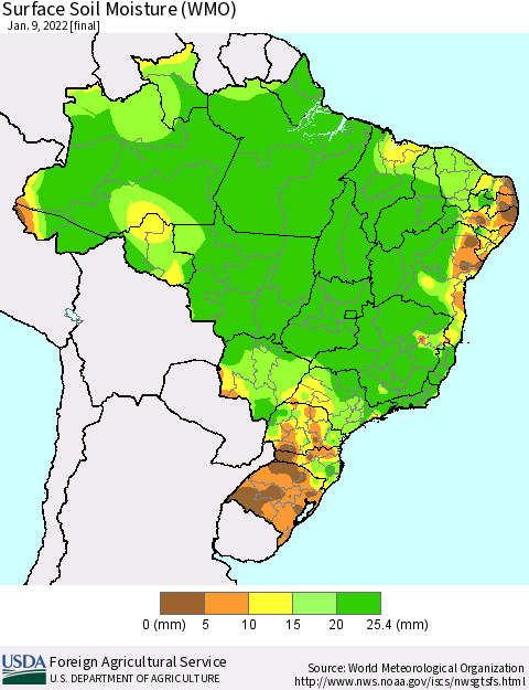 Brazil Surface Soil Moisture (WMO) Thematic Map For 1/3/2022 - 1/9/2022