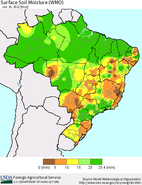 Brazil Surface Soil Moisture (WMO) Thematic Map For 1/10/2022 - 1/16/2022