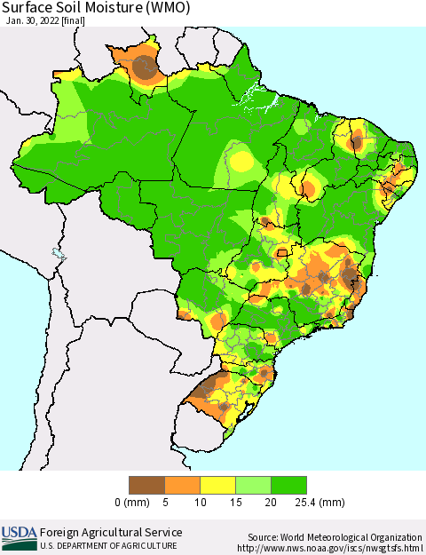 Brazil Surface Soil Moisture (WMO) Thematic Map For 1/24/2022 - 1/30/2022