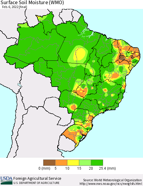 Brazil Surface Soil Moisture (WMO) Thematic Map For 1/31/2022 - 2/6/2022
