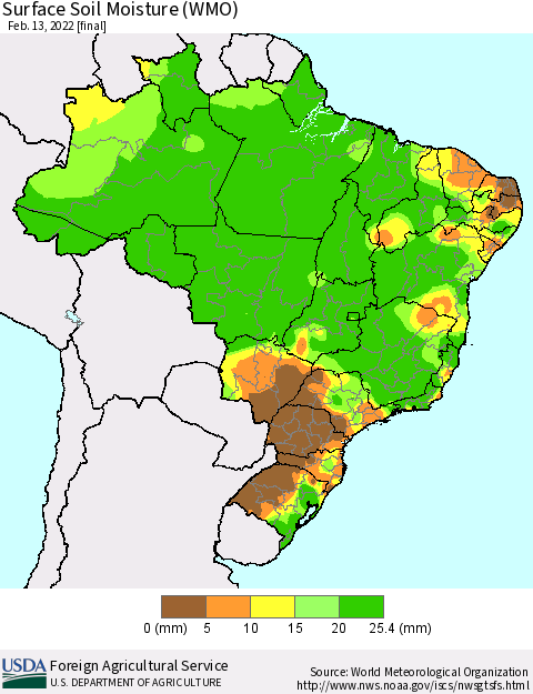 Brazil Surface Soil Moisture (WMO) Thematic Map For 2/7/2022 - 2/13/2022