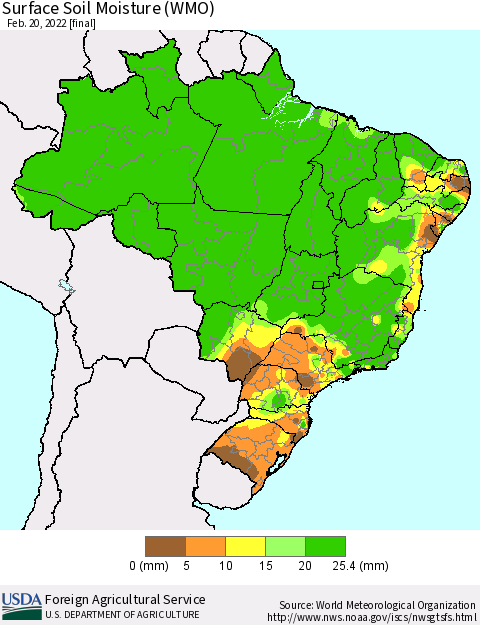 Brazil Surface Soil Moisture (WMO) Thematic Map For 2/14/2022 - 2/20/2022