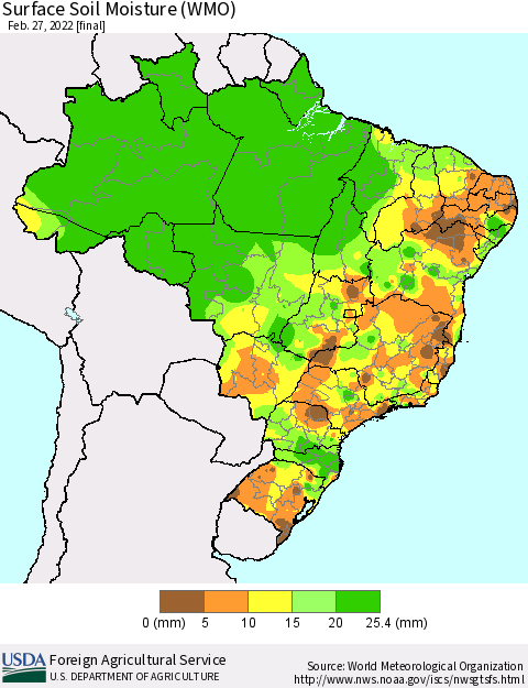 Brazil Surface Soil Moisture (WMO) Thematic Map For 2/21/2022 - 2/27/2022