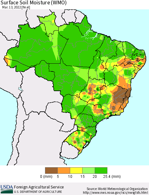 Brazil Surface Soil Moisture (WMO) Thematic Map For 3/7/2022 - 3/13/2022
