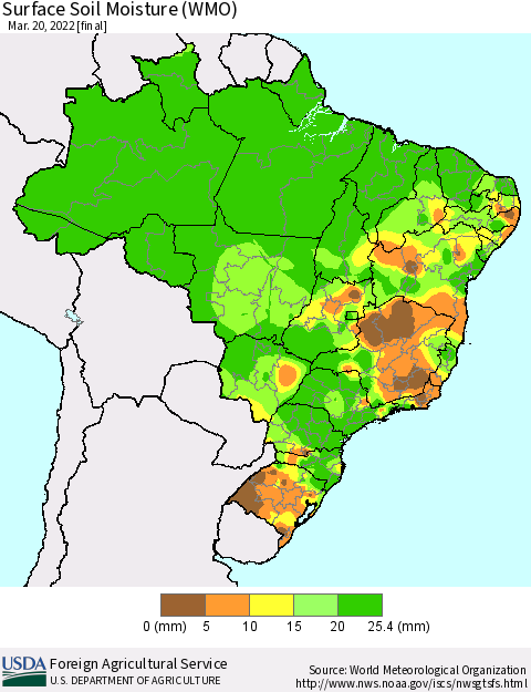 Brazil Surface Soil Moisture (WMO) Thematic Map For 3/14/2022 - 3/20/2022
