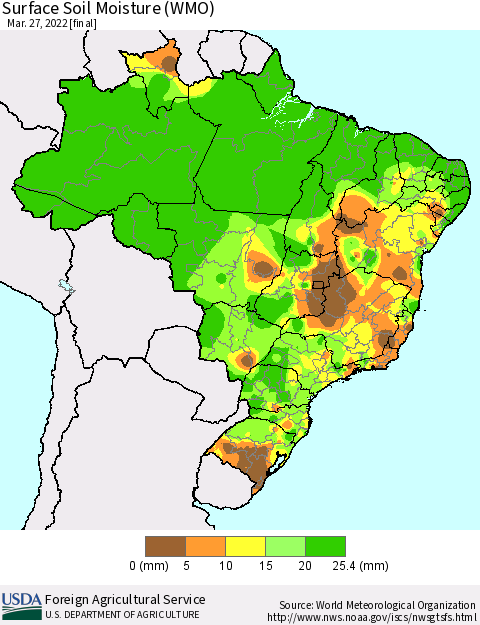 Brazil Surface Soil Moisture (WMO) Thematic Map For 3/21/2022 - 3/27/2022