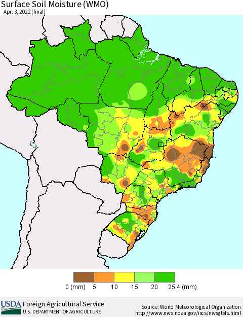 Brazil Surface Soil Moisture (WMO) Thematic Map For 3/28/2022 - 4/3/2022