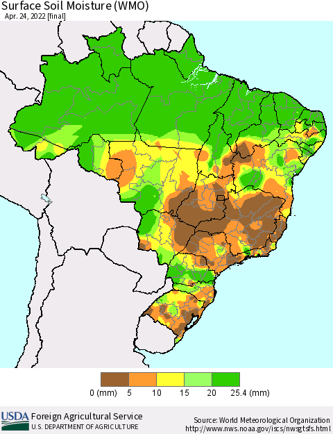 Brazil Surface Soil Moisture (WMO) Thematic Map For 4/18/2022 - 4/24/2022