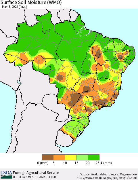 Brazil Surface Soil Moisture (WMO) Thematic Map For 5/2/2022 - 5/8/2022