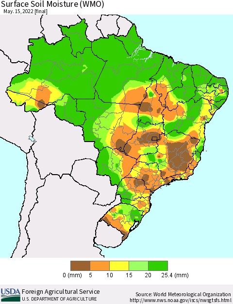 Brazil Surface Soil Moisture (WMO) Thematic Map For 5/9/2022 - 5/15/2022