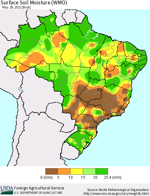 Brazil Surface Soil Moisture (WMO) Thematic Map For 5/23/2022 - 5/29/2022
