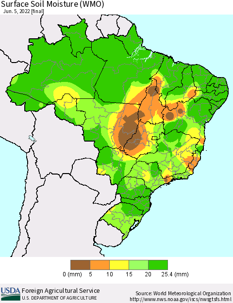 Brazil Surface Soil Moisture (WMO) Thematic Map For 5/30/2022 - 6/5/2022