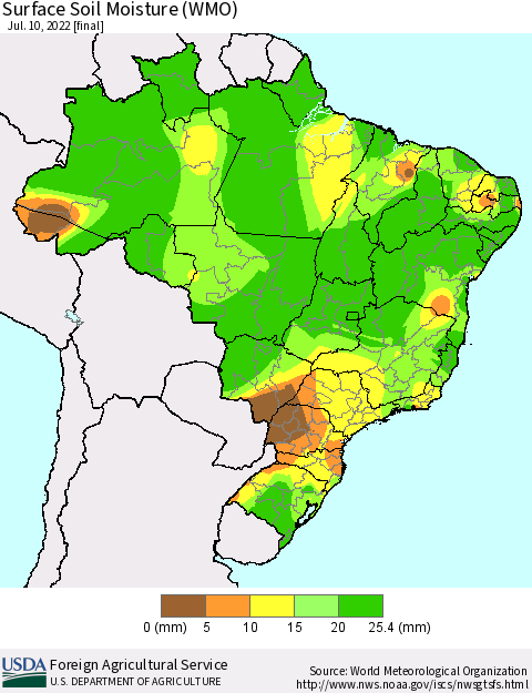 Brazil Surface Soil Moisture (WMO) Thematic Map For 7/4/2022 - 7/10/2022