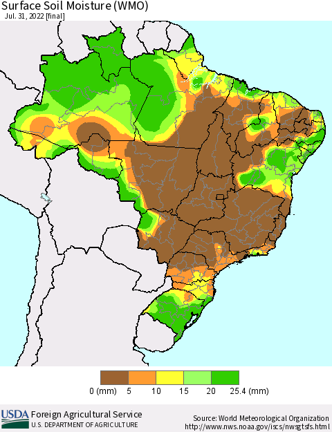 Brazil Surface Soil Moisture (WMO) Thematic Map For 7/25/2022 - 7/31/2022