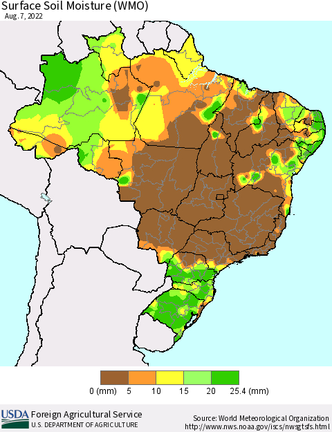Brazil Surface Soil Moisture (WMO) Thematic Map For 8/1/2022 - 8/7/2022