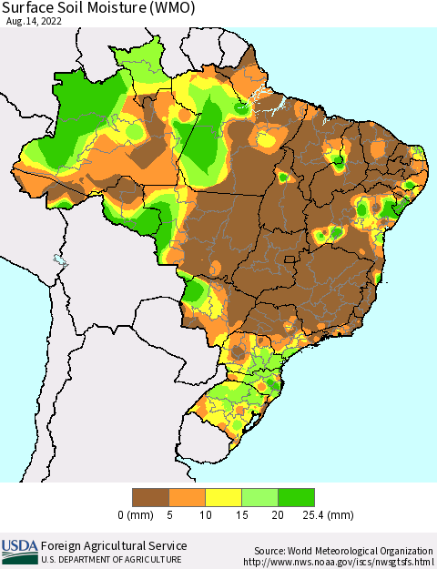 Brazil Surface Soil Moisture (WMO) Thematic Map For 8/8/2022 - 8/14/2022