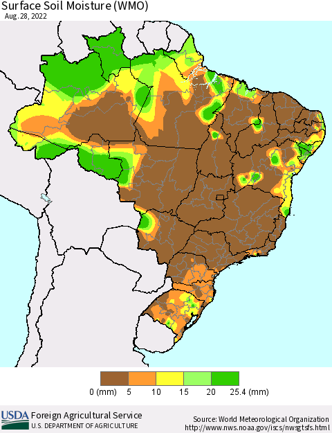 Brazil Surface Soil Moisture (WMO) Thematic Map For 8/22/2022 - 8/28/2022