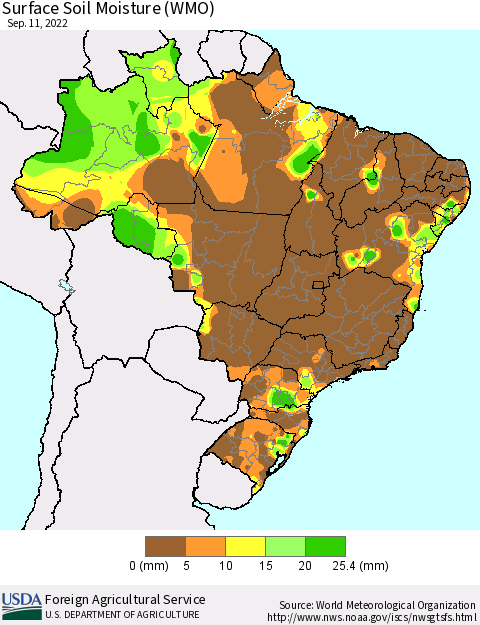 Brazil Surface Soil Moisture (WMO) Thematic Map For 9/5/2022 - 9/11/2022