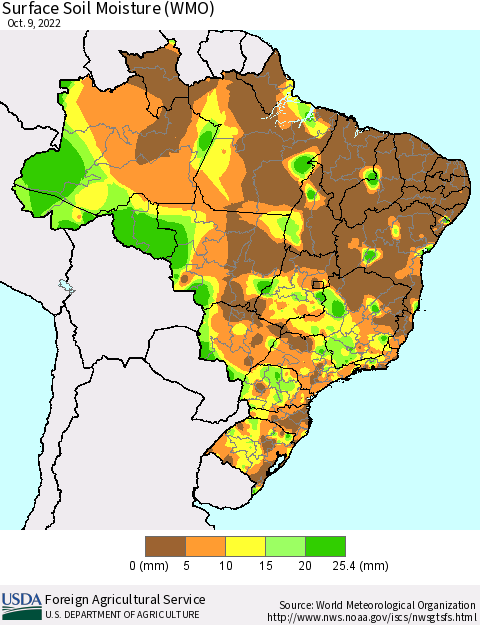 Brazil Surface Soil Moisture (WMO) Thematic Map For 10/3/2022 - 10/9/2022