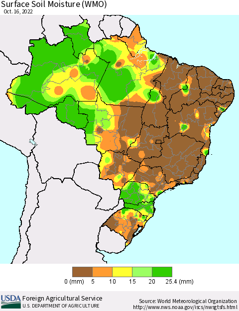 Brazil Surface Soil Moisture (WMO) Thematic Map For 10/10/2022 - 10/16/2022
