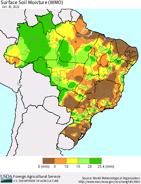 Brazil Surface Soil Moisture (WMO) Thematic Map For 10/24/2022 - 10/30/2022