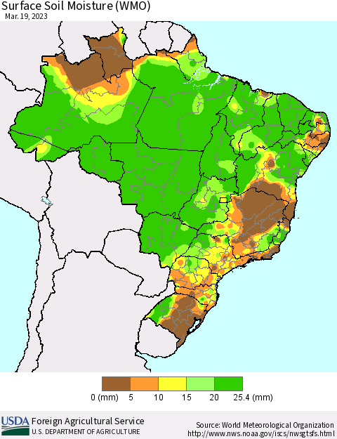 Brazil Surface Soil Moisture (WMO) Thematic Map For 3/13/2023 - 3/19/2023