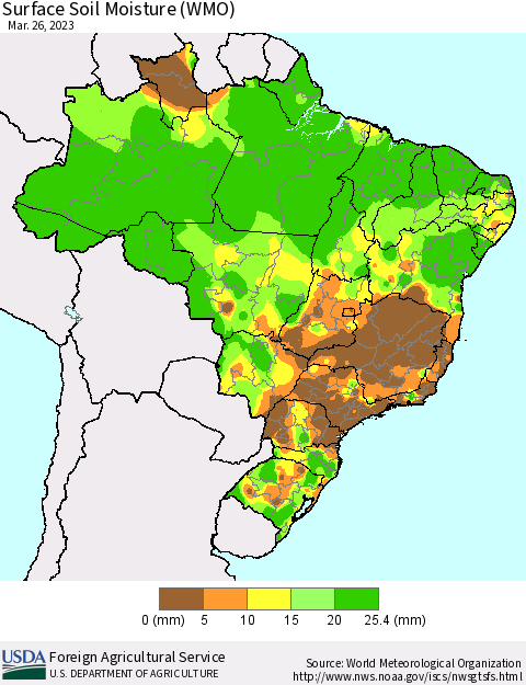 Brazil Surface Soil Moisture (WMO) Thematic Map For 3/20/2023 - 3/26/2023