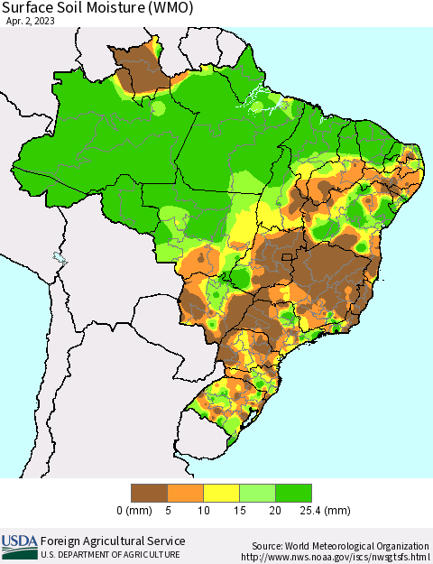 Brazil Surface Soil Moisture (WMO) Thematic Map For 3/27/2023 - 4/2/2023