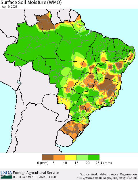 Brazil Surface Soil Moisture (WMO) Thematic Map For 4/3/2023 - 4/9/2023