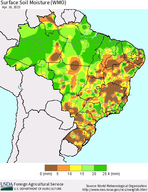 Brazil Surface Soil Moisture (WMO) Thematic Map For 4/10/2023 - 4/16/2023