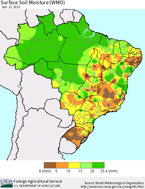 Brazil Surface Soil Moisture (WMO) Thematic Map For 4/17/2023 - 4/23/2023