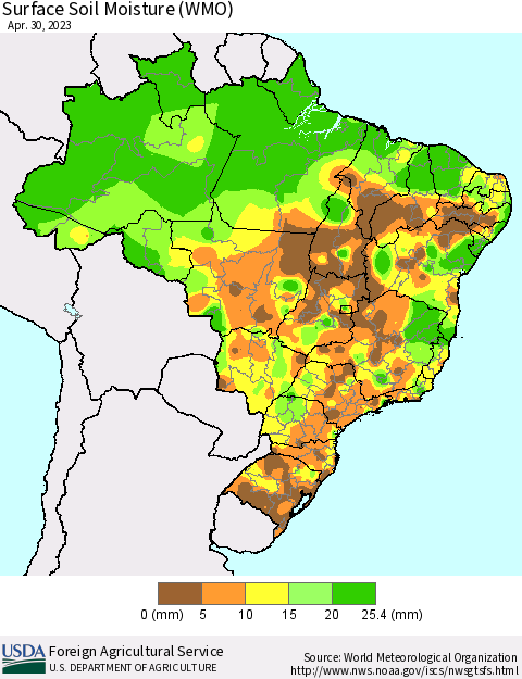 Brazil Surface Soil Moisture (WMO) Thematic Map For 4/24/2023 - 4/30/2023