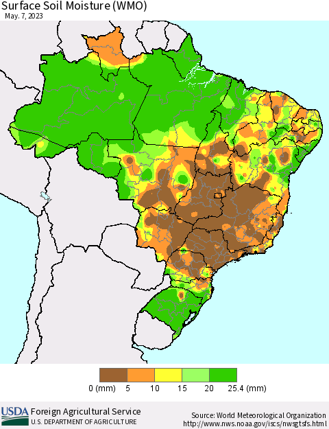 Brazil Surface Soil Moisture (WMO) Thematic Map For 5/1/2023 - 5/7/2023