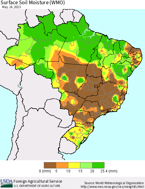 Brazil Surface Soil Moisture (WMO) Thematic Map For 5/8/2023 - 5/14/2023