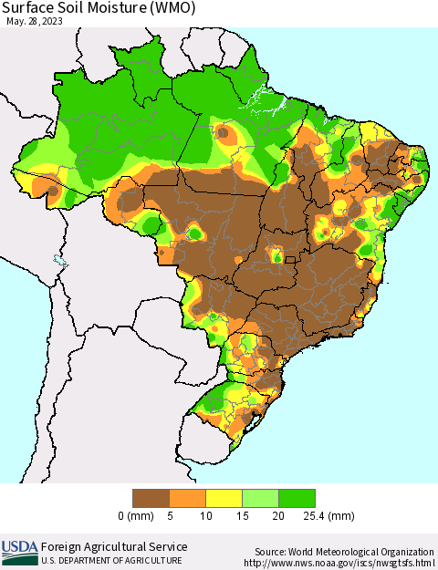 Brazil Surface Soil Moisture (WMO) Thematic Map For 5/22/2023 - 5/28/2023