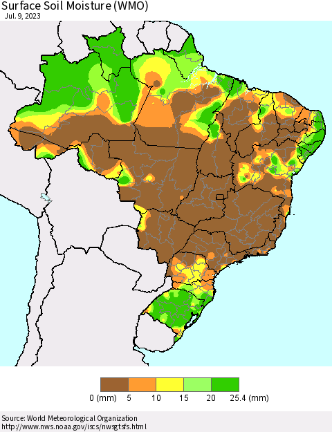 Brazil Surface Soil Moisture (WMO) Thematic Map For 7/3/2023 - 7/9/2023