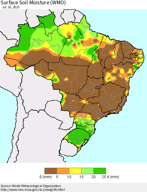 Brazil Surface Soil Moisture (WMO) Thematic Map For 7/10/2023 - 7/16/2023