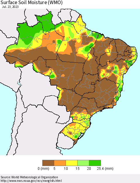 Brazil Surface Soil Moisture (WMO) Thematic Map For 7/17/2023 - 7/23/2023