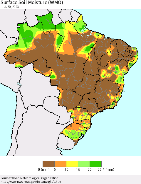 Brazil Surface Soil Moisture (WMO) Thematic Map For 7/24/2023 - 7/30/2023