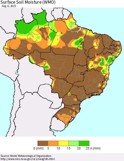 Brazil Surface Soil Moisture (WMO) Thematic Map For 7/31/2023 - 8/6/2023