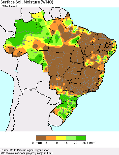 Brazil Surface Soil Moisture (WMO) Thematic Map For 8/7/2023 - 8/13/2023