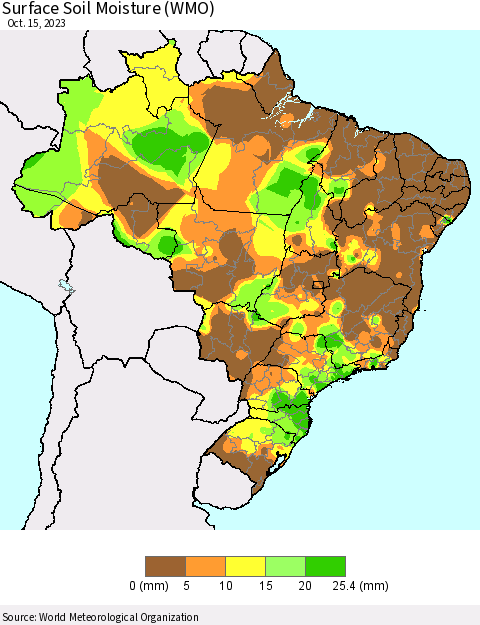 Brazil Surface Soil Moisture (WMO) Thematic Map For 10/9/2023 - 10/15/2023