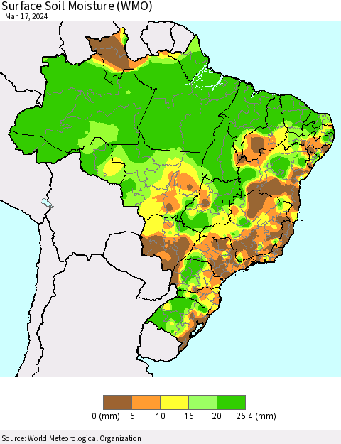 Brazil Surface Soil Moisture (WMO) Thematic Map For 3/11/2024 - 3/17/2024