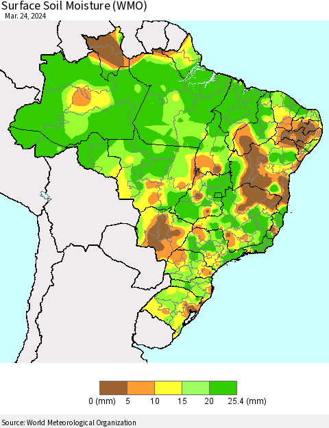 Brazil Surface Soil Moisture (WMO) Thematic Map For 3/18/2024 - 3/24/2024