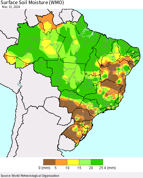 Brazil Surface Soil Moisture (WMO) Thematic Map For 3/25/2024 - 3/31/2024
