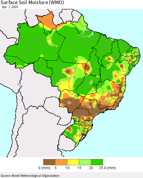 Brazil Surface Soil Moisture (WMO) Thematic Map For 4/1/2024 - 4/7/2024