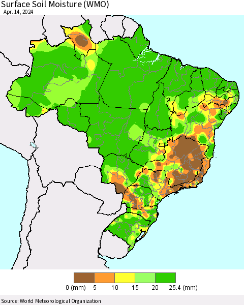 Brazil Surface Soil Moisture (WMO) Thematic Map For 4/8/2024 - 4/14/2024