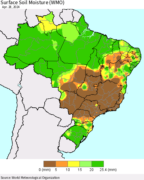Brazil Surface Soil Moisture (WMO) Thematic Map For 4/22/2024 - 4/28/2024