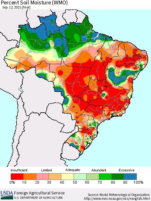 Brazil Percent Soil Moisture (WMO) Thematic Map For 9/6/2021 - 9/12/2021