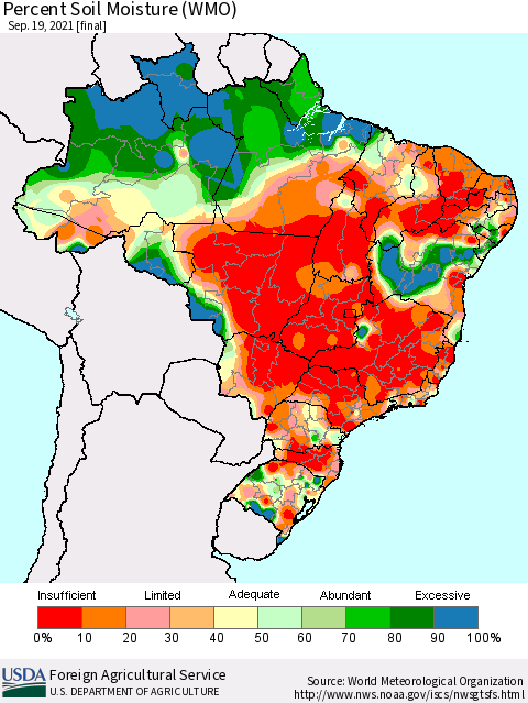 Brazil Percent Soil Moisture (WMO) Thematic Map For 9/13/2021 - 9/19/2021
